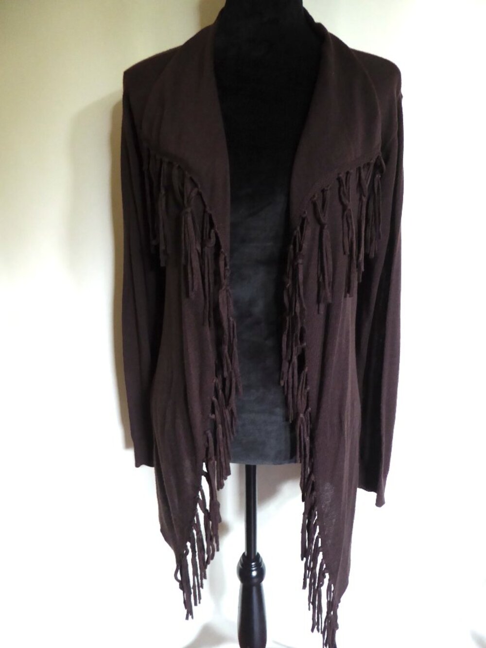 NEW BROWN FRINGE LIGHTWEIGHT KNIT SWEATER OPEN FRONT COVER UP LARGE